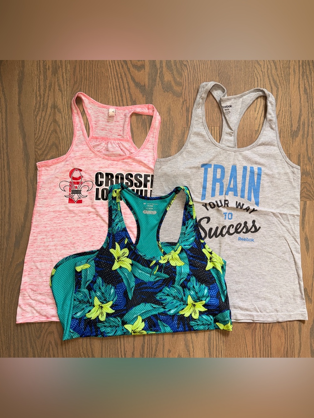 Reebok Gray 'Train Your Way to Success' & Pink & Floral Trio Racerback Tanks